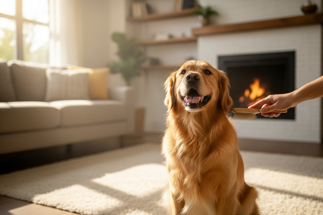 Golden Retriever being groomed with a grooming brush