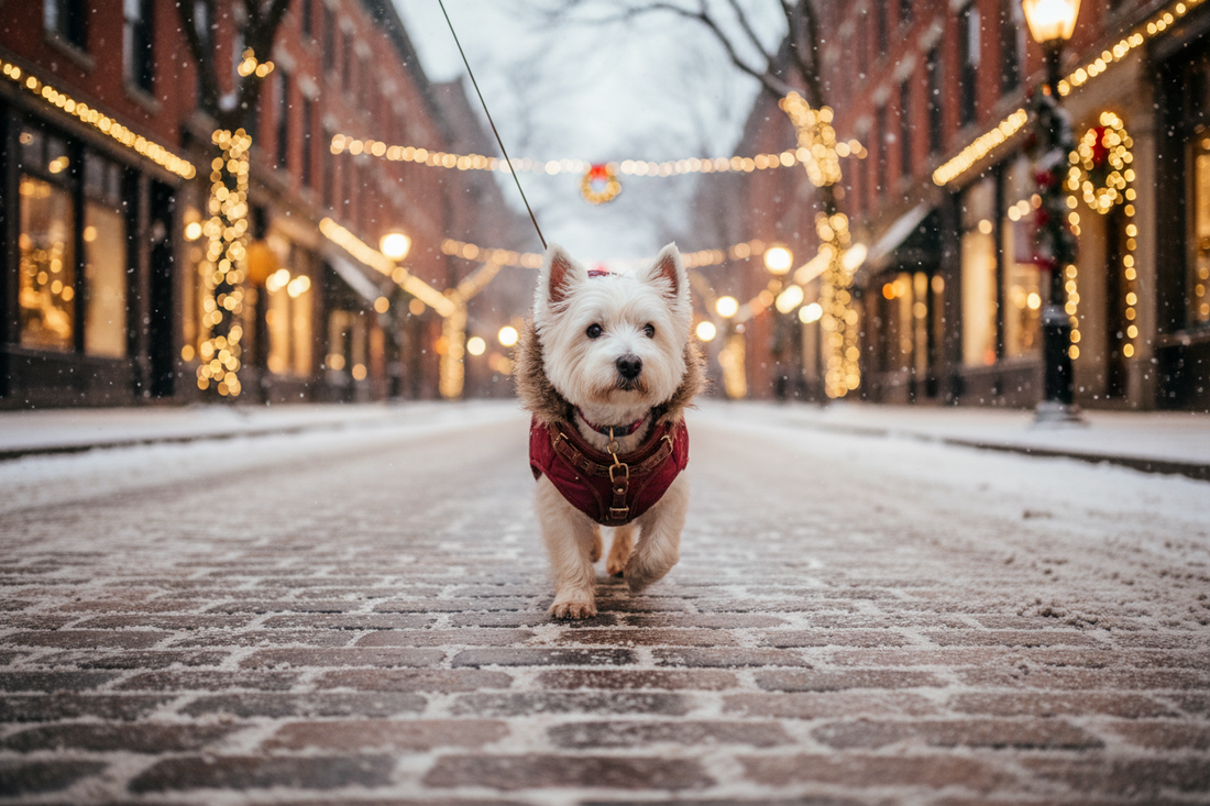 Perro pequeño con abrigo y arnés en paseo de invierno 