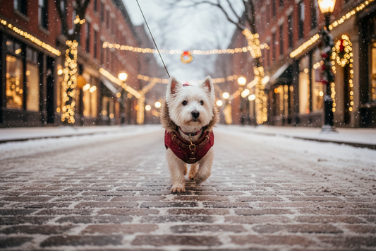 Kleiner Hund mit Mantel und Geschirr beim Winterspaziergang