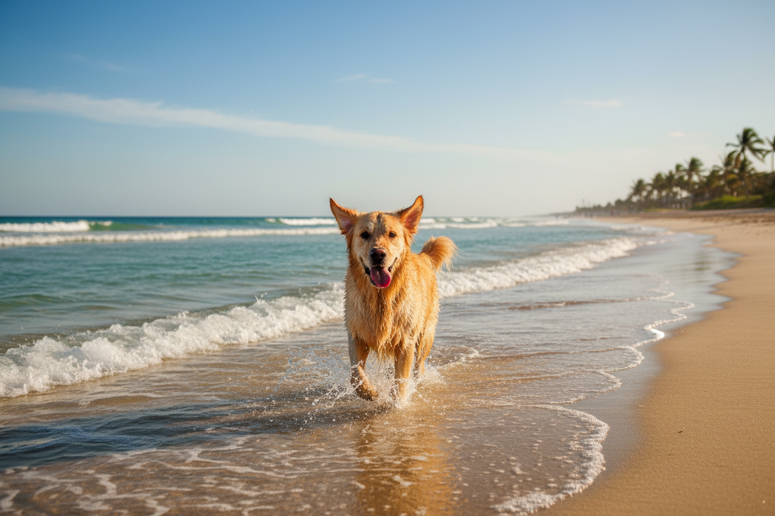 Perro feliz jugando en la orilla de la playa en verano
