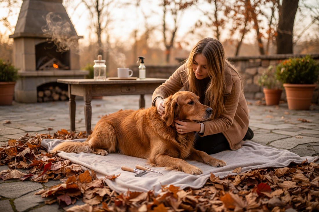 Checking dog for fleas and ticks after autumn walk